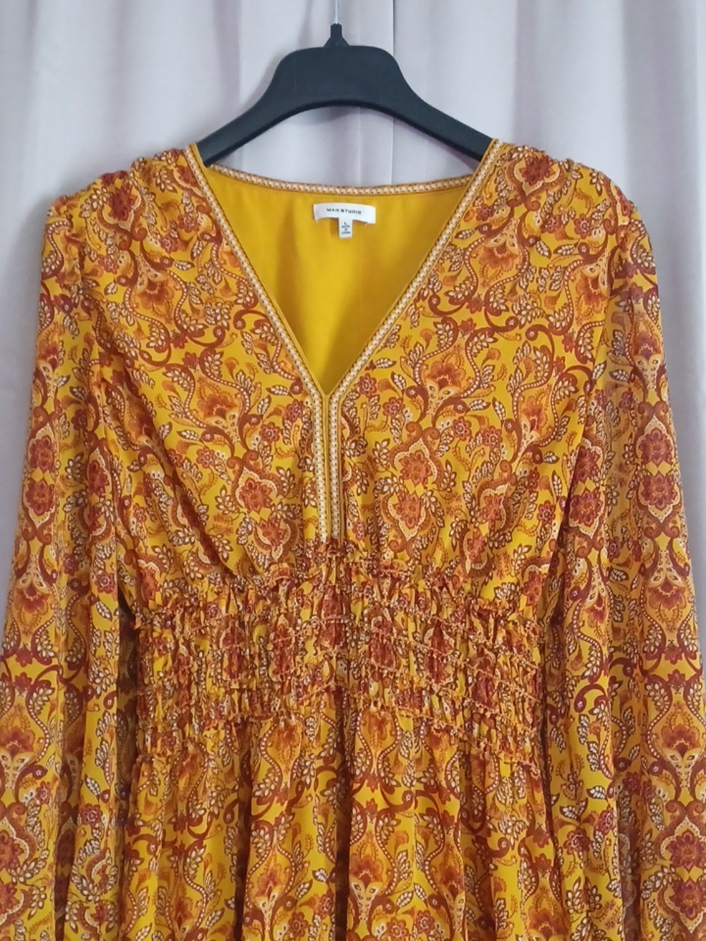 Max Studio Smocked Waist Mini Dress Balloon Sleeves V-Neck Mustard Boho Size L - Picture 3 of 15